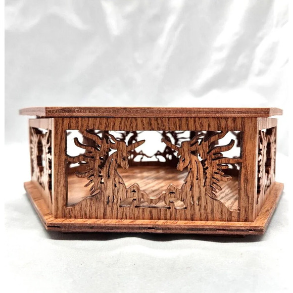 Handcrafted 6-sided Wooden Trinket Box Unicorn Laser Cut Brown Keepsake Jewelry - Picture 5 of 16